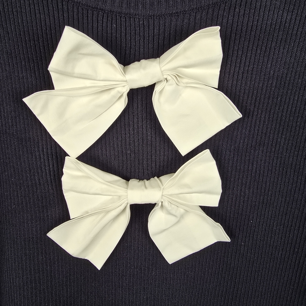 Voy Womens Navy Ribbed Short Puff Sleeve Sweater With White Bows Ruffle Size L - Picture 8 of 13